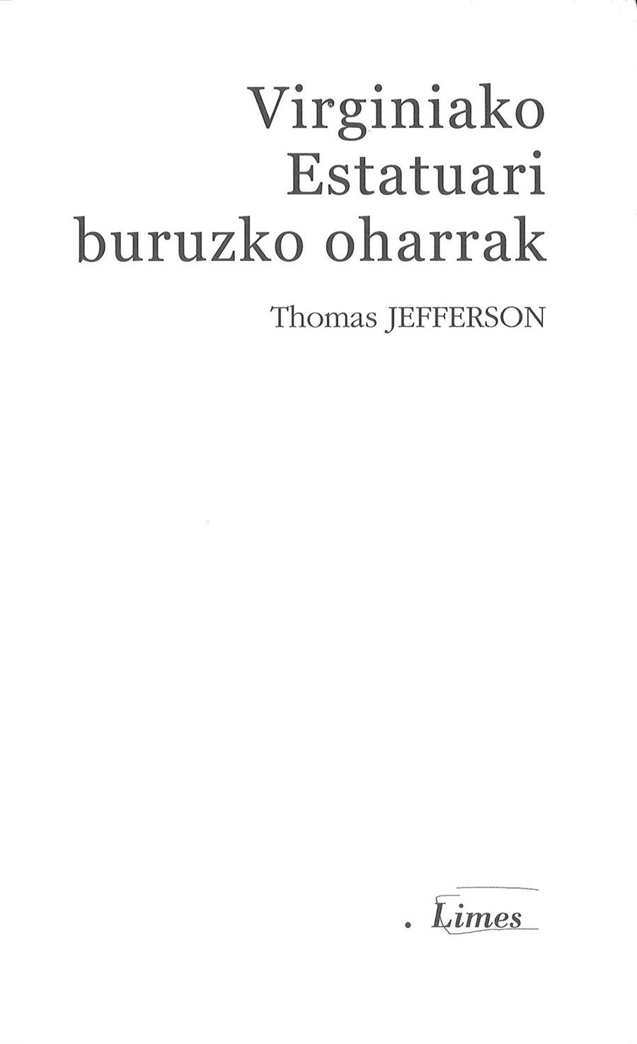 VIRGINIAKO ESTATUARI BURUZKO OHARRAK | 9788498607482 | JEFFERSON, THOMAS