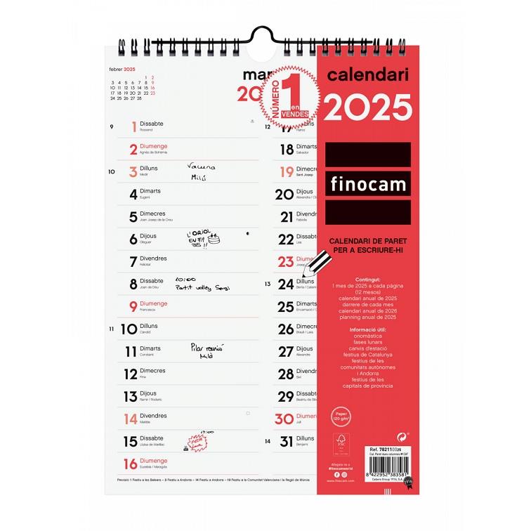 CALENDARI ANUAL PARET DUES COLUMNES M 2025 CATALÀ | 8422952383581